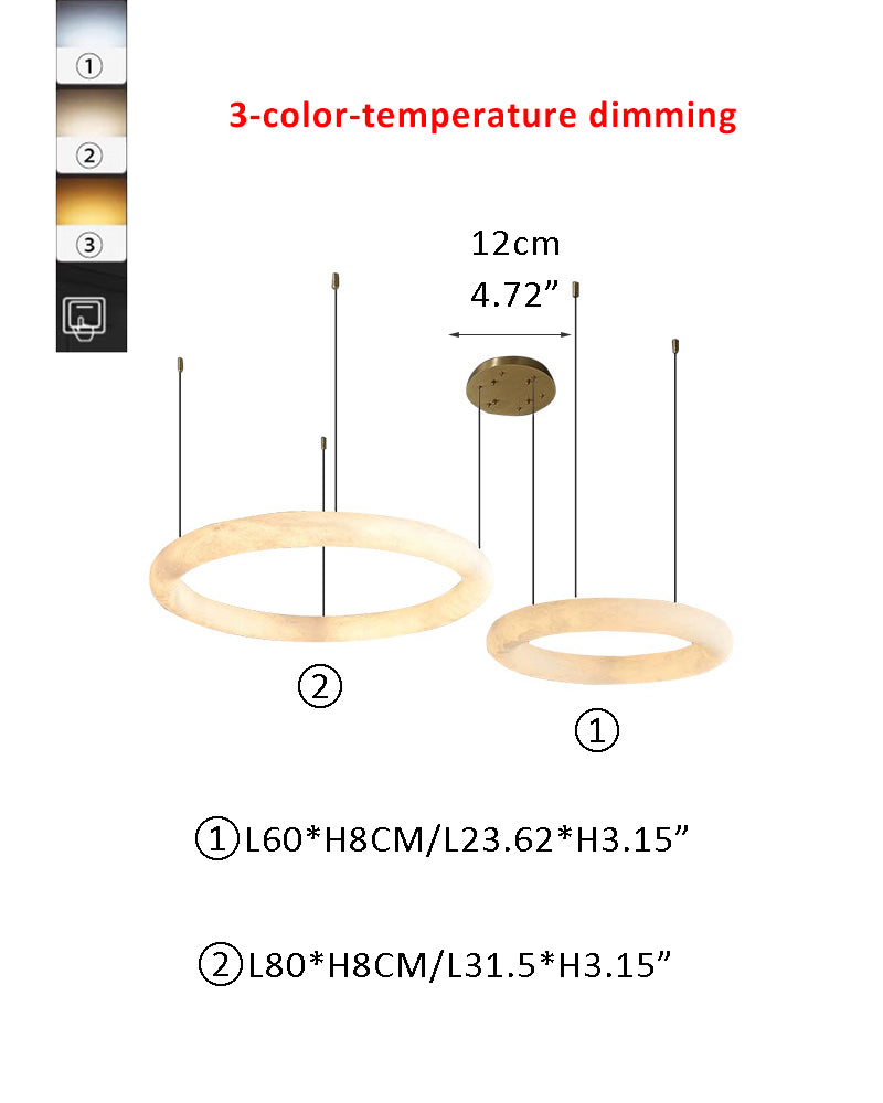 Alabaster Torus Double Ring LED Pendant Light by 3-color-temperature dimming with thickness 10cm