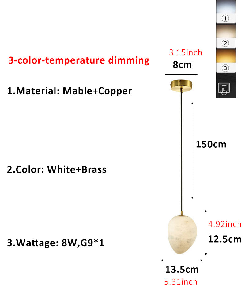 G9 Nature Alabaster Mable Pebble Pendant Light Mini Sizes with copper metal by 3 colors dimming