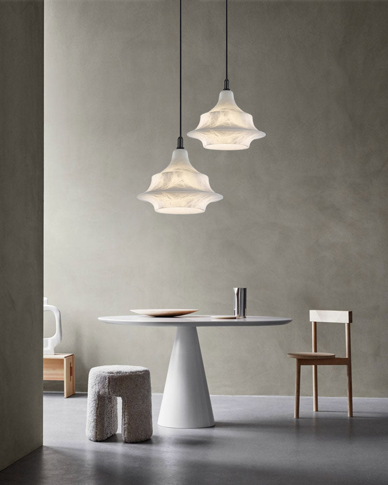 Alabaster Geometric Tiered Lantern Bell Pendant Light - Natural Spanish Alabaster Bells, Serene Black Trim - Kitchens, Dining & Living Rooms.