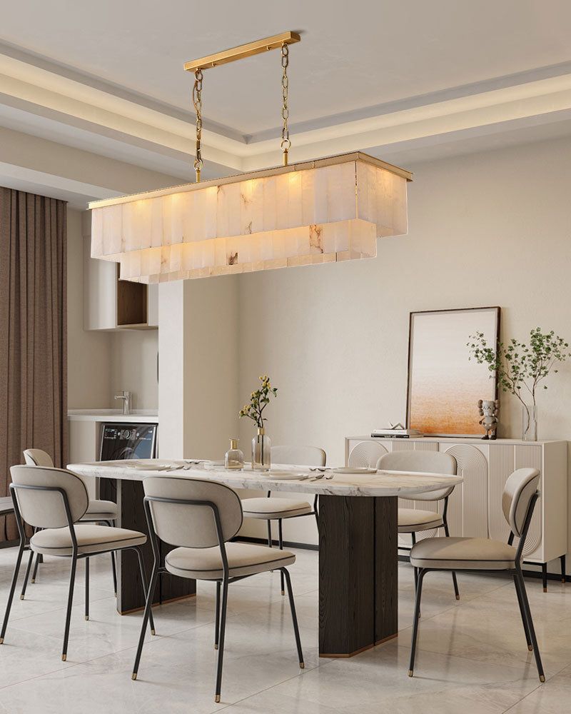 Elegant 18-light alabaster chandelier in modern dining room above a stylish table setting