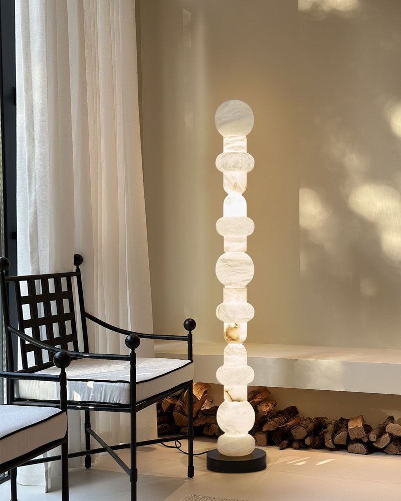 Elegant alabaster floor lamp with geometric design in modern living space