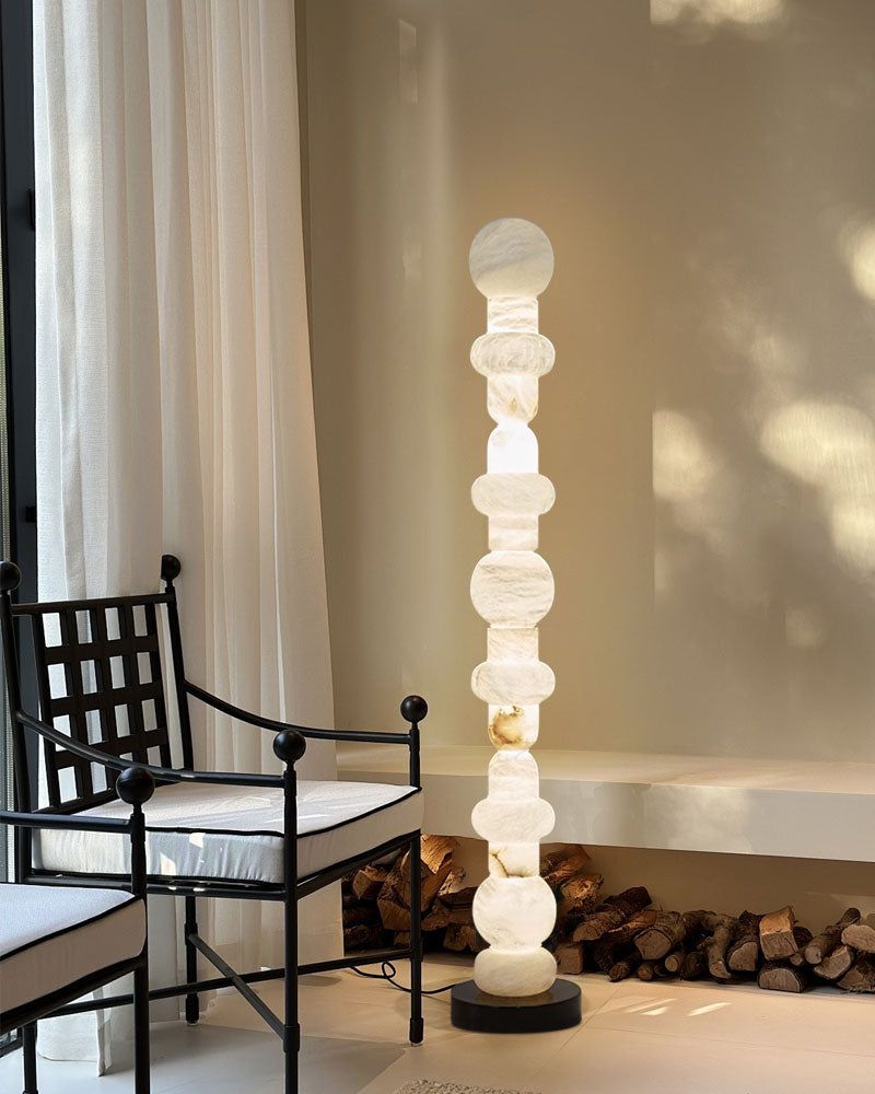 Elegant alabaster floor lamp with geometric design in modern living space