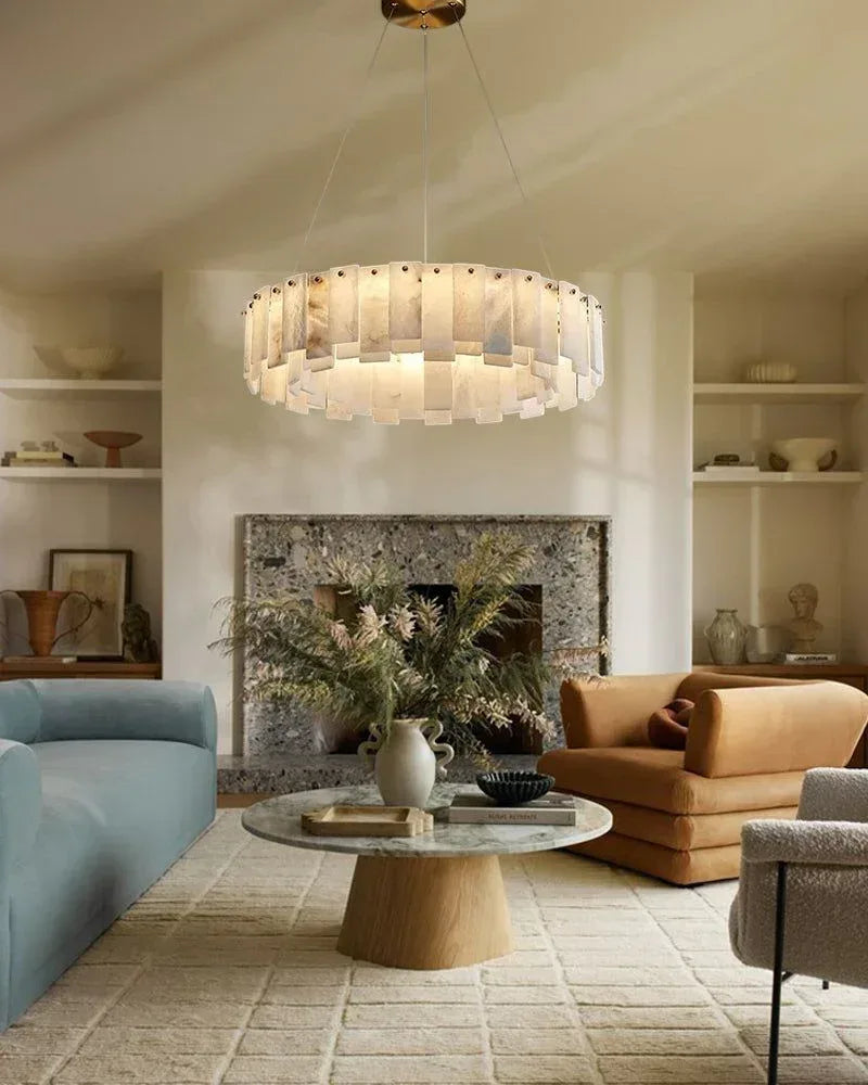 LightsStory Series Geometric Chandelier | Double Tier Polished White Marble, Luxury Brass finish for Spacious rooms and high ceilings American chandelier