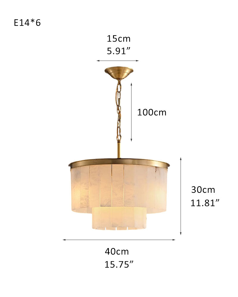 Dimensions of 7-layer round alabaster chandelier with gold finish, 40cm diameter.