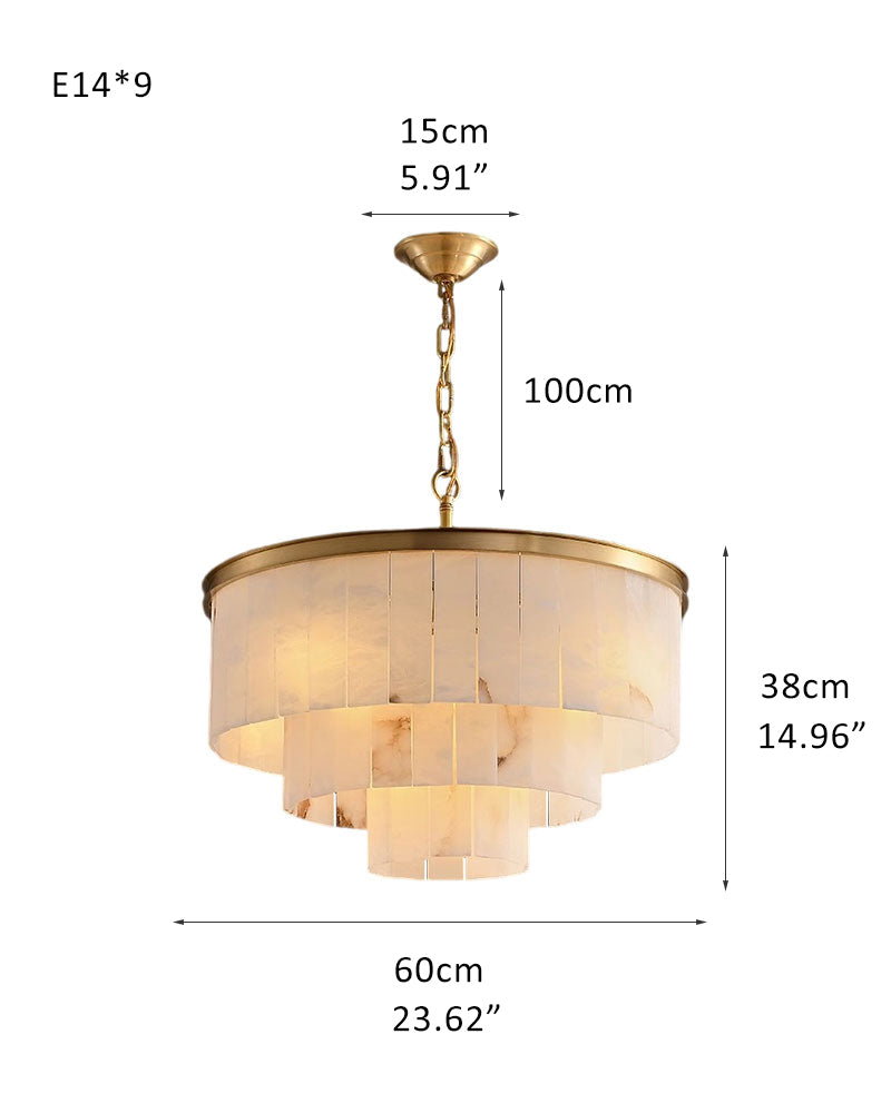 Dimensions of 7-layer round alabaster chandelier with gold finish.