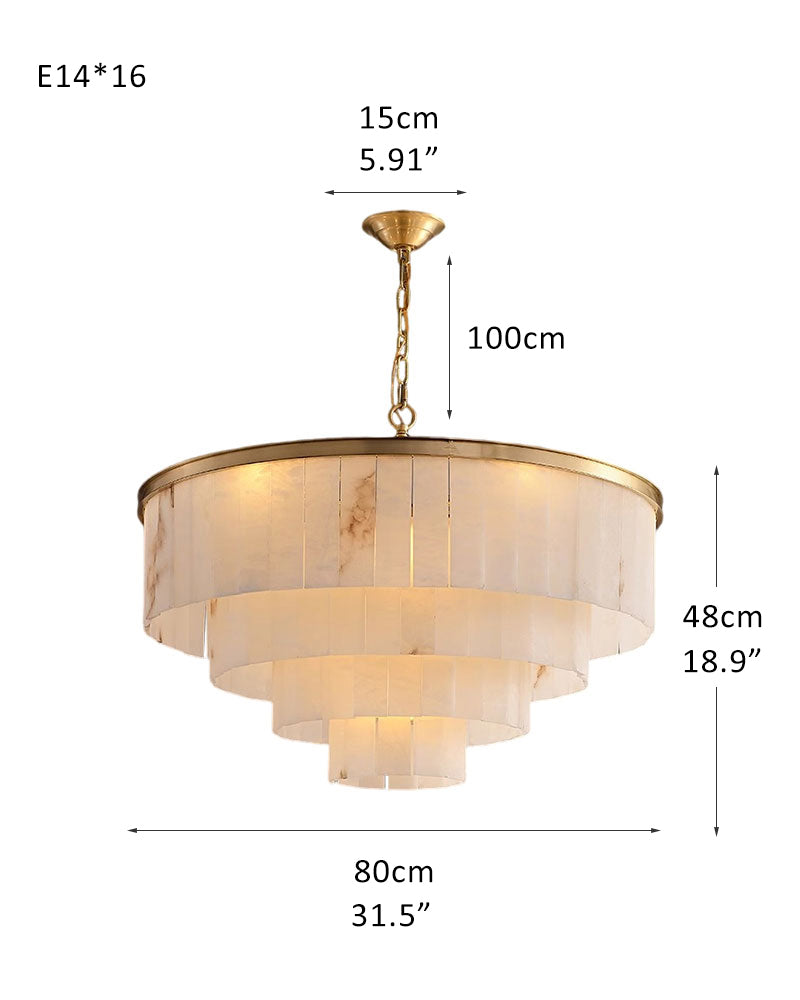 Dimensions of 7-layer round alabaster chandelier with gold finish in cm.