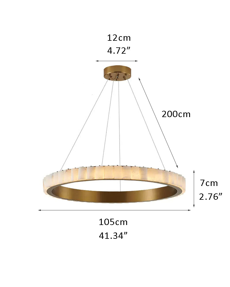 Dimensions of round triple chandelier lamp with black and gold finish and alabaster rings.