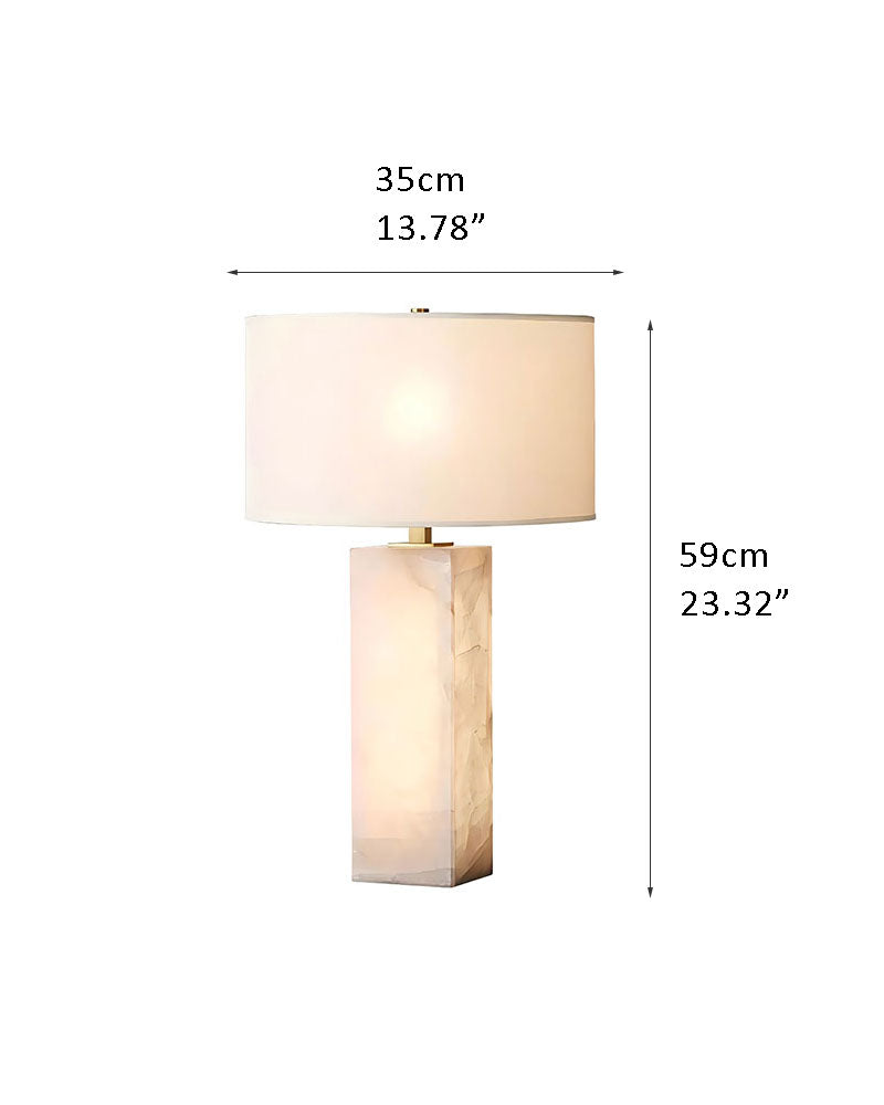 Vintage alabaster marble table lamp with fabric shade, dimensions 13.78" diameter, 23.23" height.