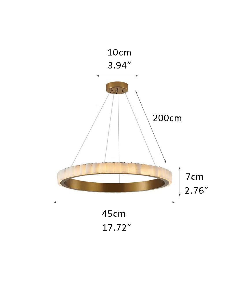 Dimensions of round triple chandelier lamp with gold and alabaster details.