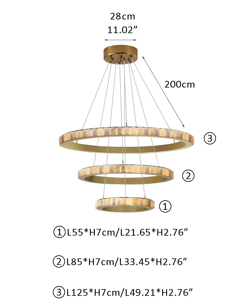 Dimensions for round triple chandelier lamp with alabaster rings in gold and black.