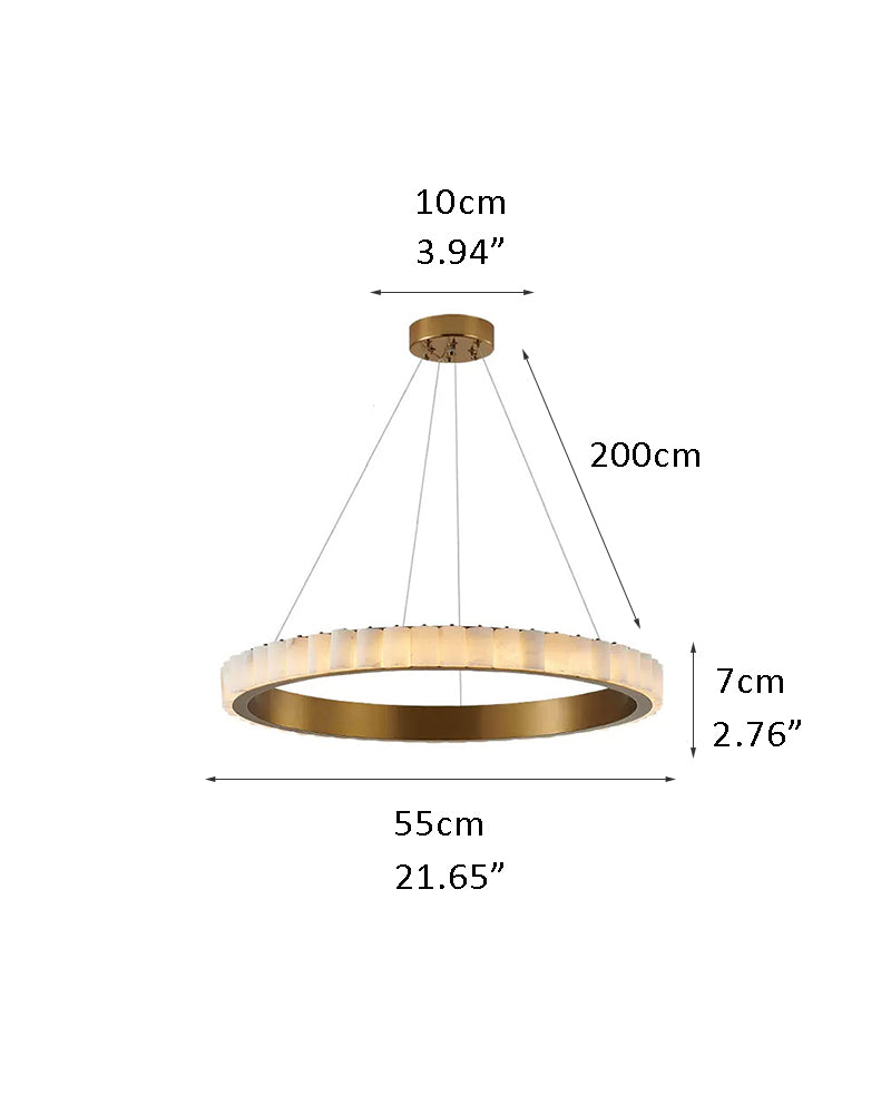 Dimensions of round triple chandelier lamp with alabaster rings, 55cm diameter.