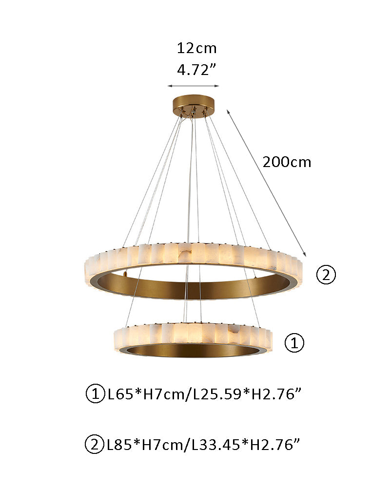 Dimensions of round triple chandelier lamp with gold and alabaster rings, 65cm and 85cm.