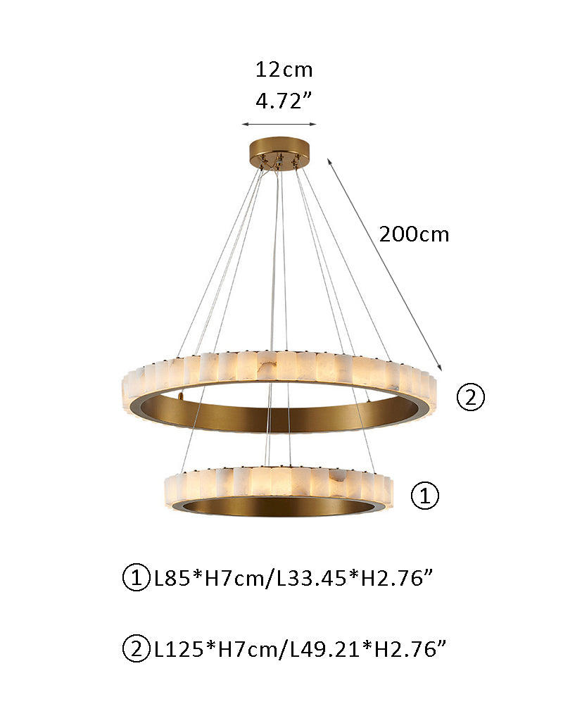 Dimensions of round triple chandelier lamp with alabaster rings in black and gold finish.