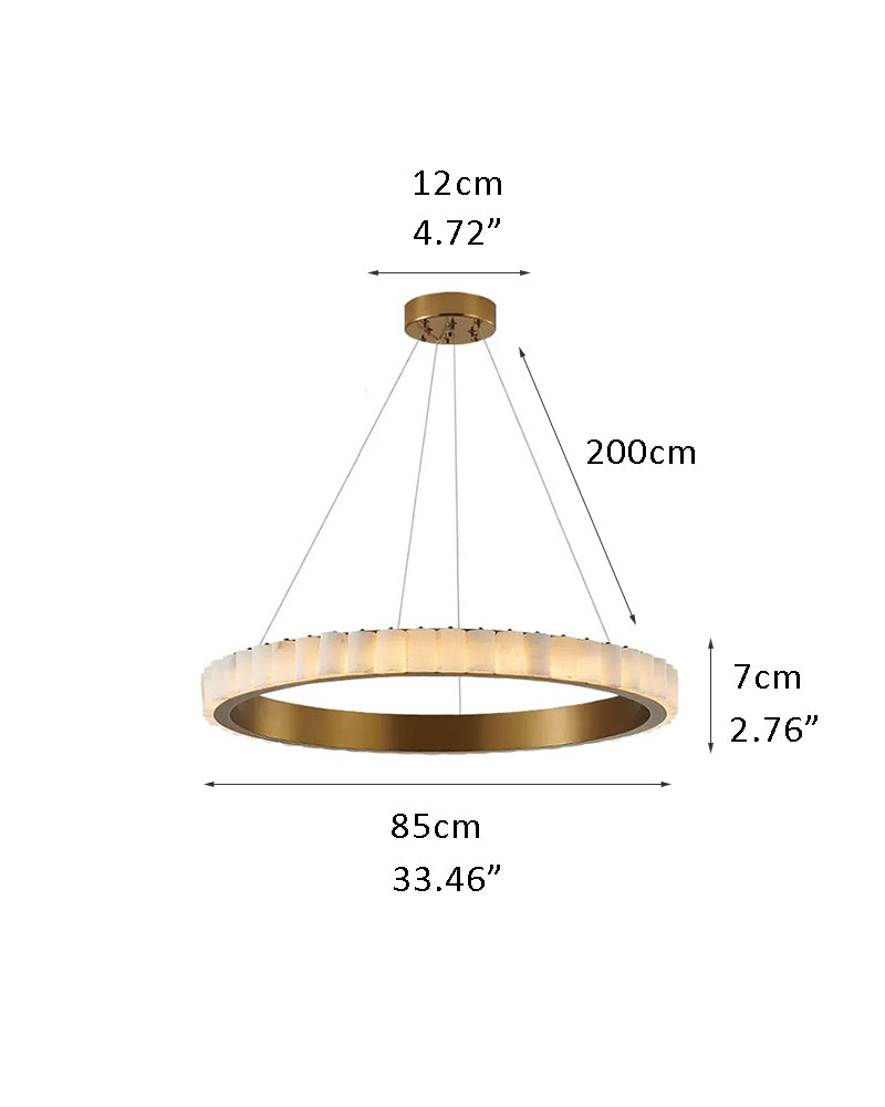 Dimensions of black and gold round triple chandelier with alabaster rings.