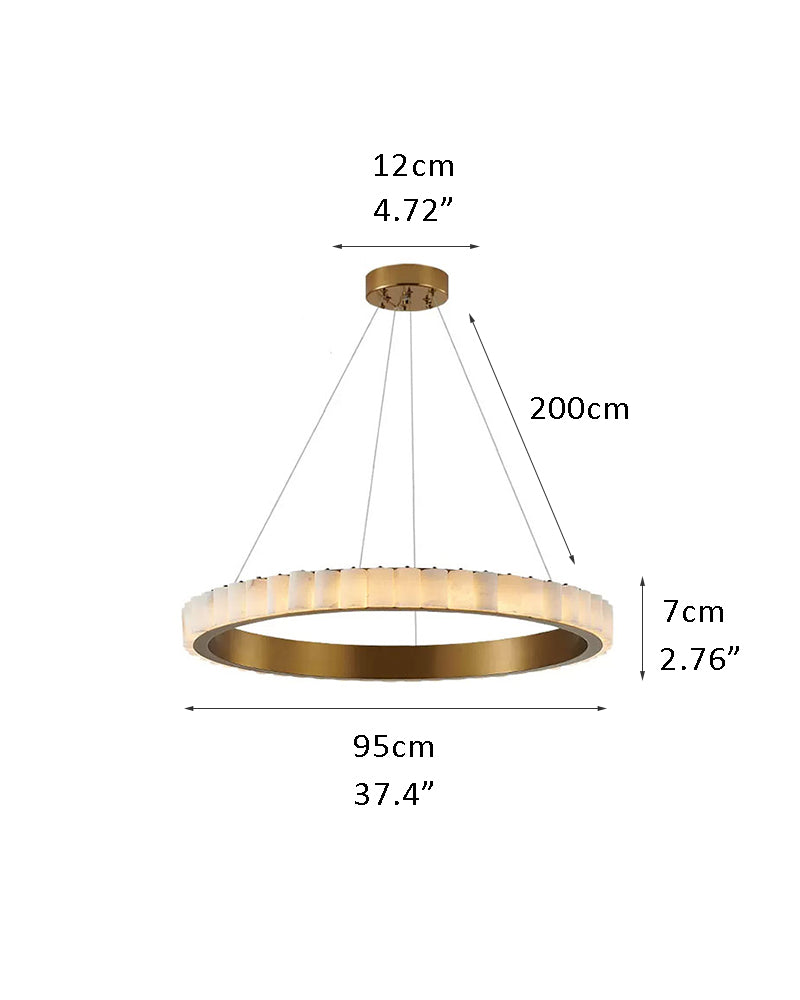 Dimensions of round triple chandelier lamp with alabaster rings in gold and black.