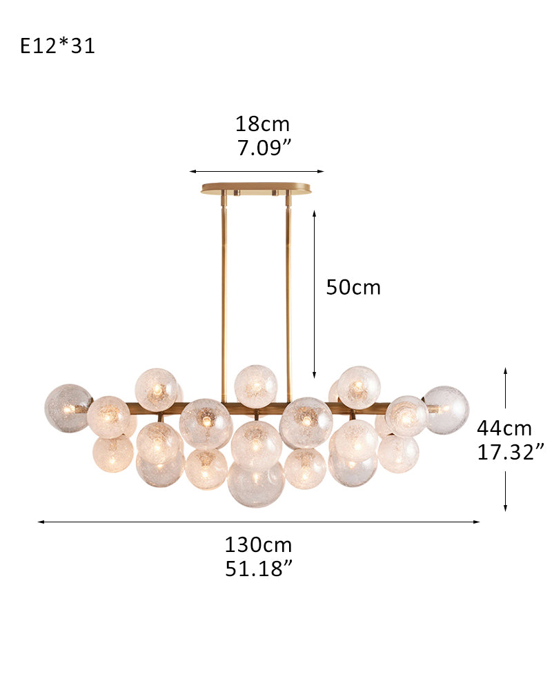 31-Light Dimmable Glass Globe Bubble Rectangle Chandelier 52" Brushed Brass/Black Steel