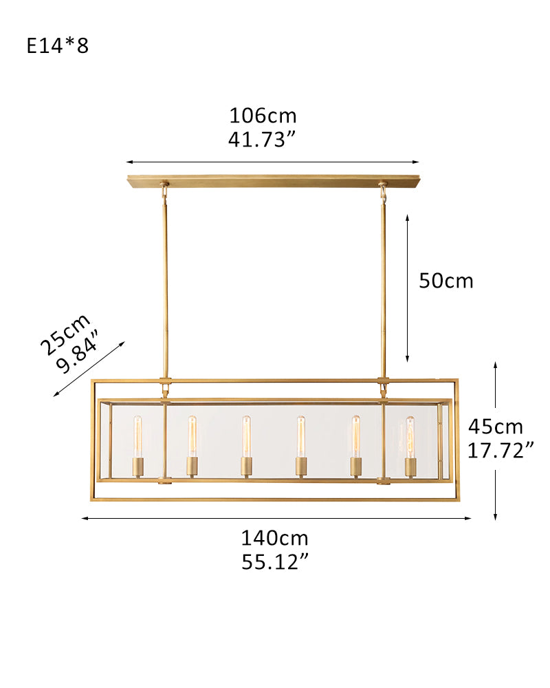 Farmhouse Halogen Lighting Glass Lantern Rectangle Chandelier 55“71” Brushed Brass/Black Steel Frame