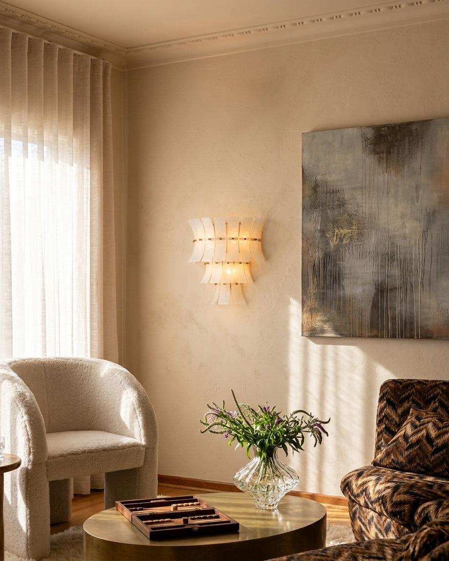 Ghiaccio Glass Ethereal White Multi Tiered Waterfall Wall Light Sconce - Lux Gold Trim - Bedrooms, Hallways & Bathrooms