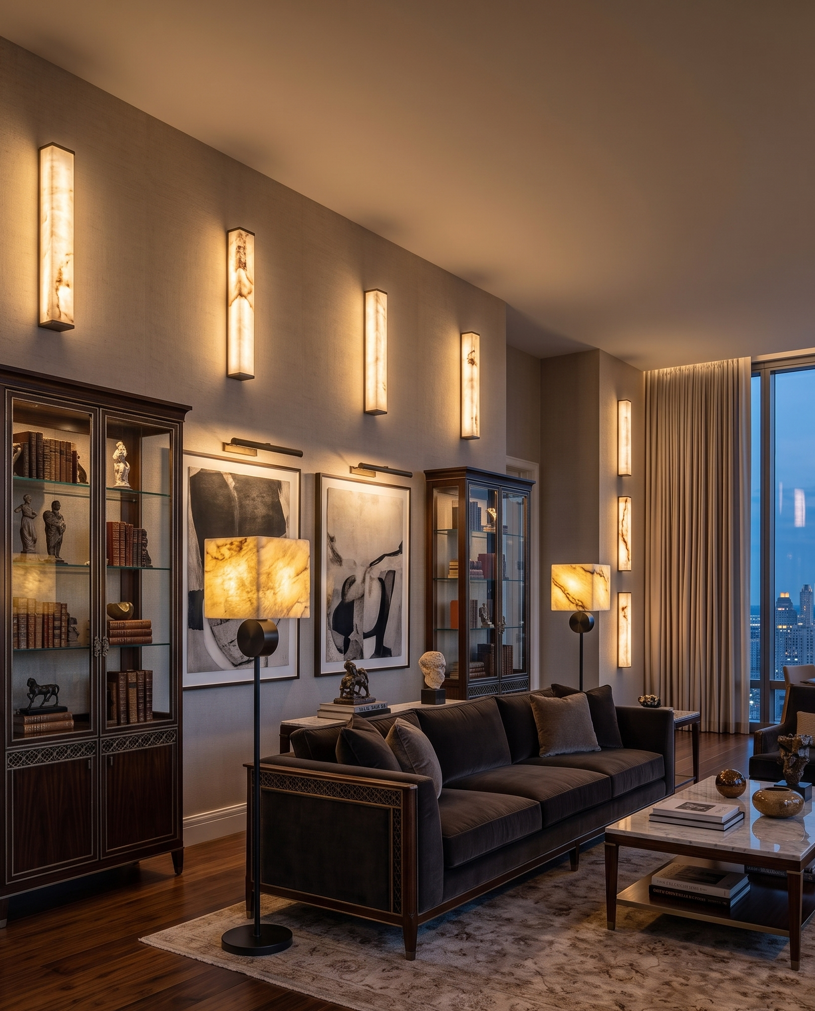 A modern living room featuring a dark brown upholstered sofa with dark wood trim, a matching dark wood display cabinet, a marble-top coffee table, and warm wall sconces and floor lamps against a beige wall.