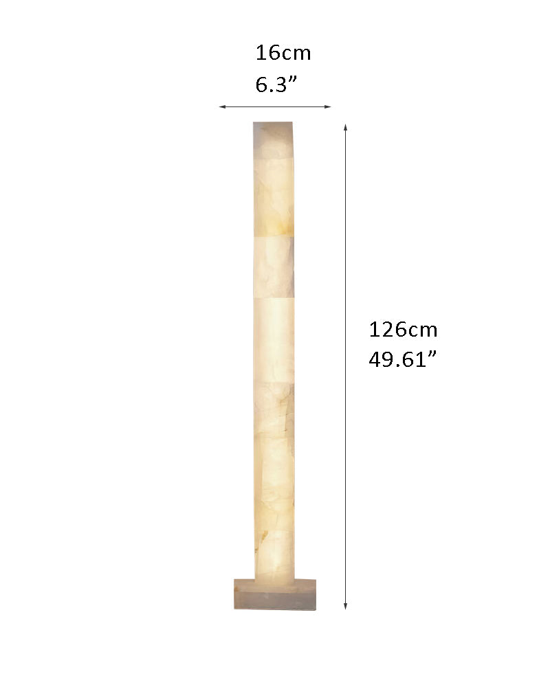 Dimensions of a tall alabaster square column floor lamp: 126cm tall, 16cm wide