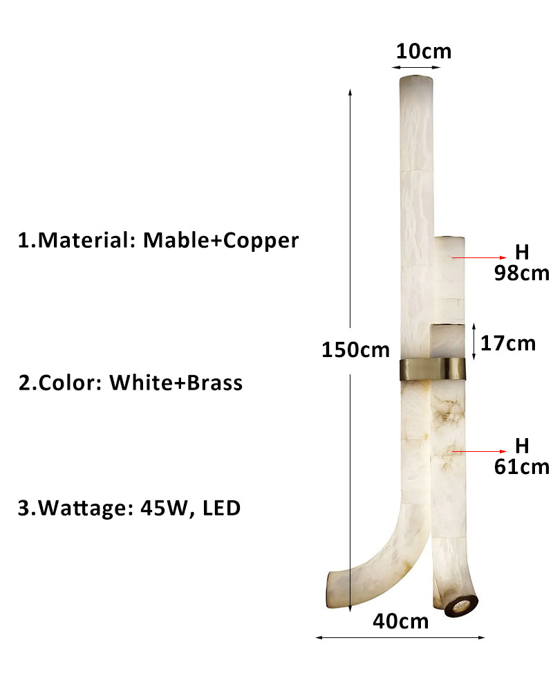 LED Piped White Alabaster Copper Large Standing Floor Lamp, height 150cm,45W