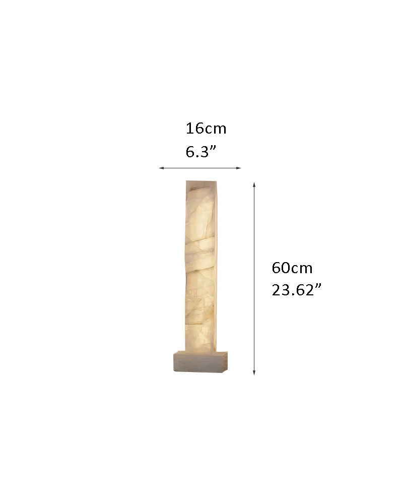 Tall alabaster column lamp with warm light, measuring 60cm tall for modern decor