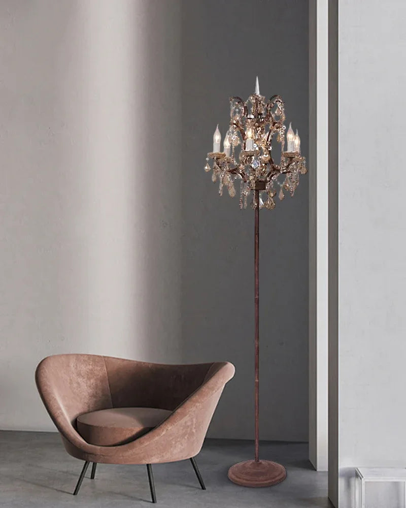 LightsStory Series Prismatic Floor Lamp | Cut Crystal Candelabra Intricate cut crystal and raw metal frame with deep brown fabric shade, Gold and Chrome contrast finish for Living rooms, bedrooms, and entryways American standing floor lamp