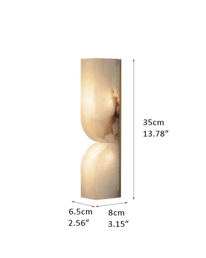 Curved alabaster wall sconce design with dimensions, modern lighting fixture.