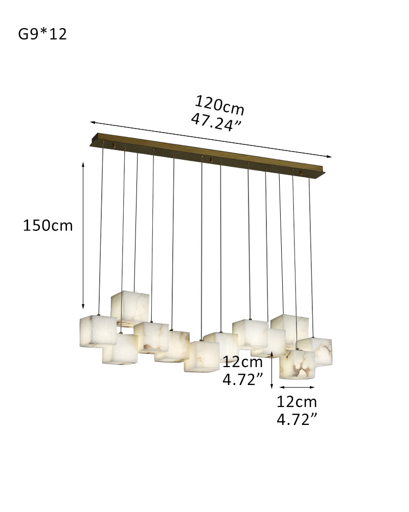 Square Alabaster Shade LED Cluster Linear Pendant Lamps 12 lights over American dining table