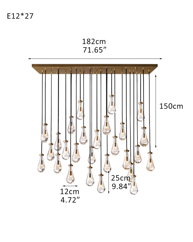 Aveline K9 Crystal Teardrop Cascading Cluster Pendant Light - Crystal Clear Teardrops, Serene Black Trim - Kitchens, Dining & Living Rooms