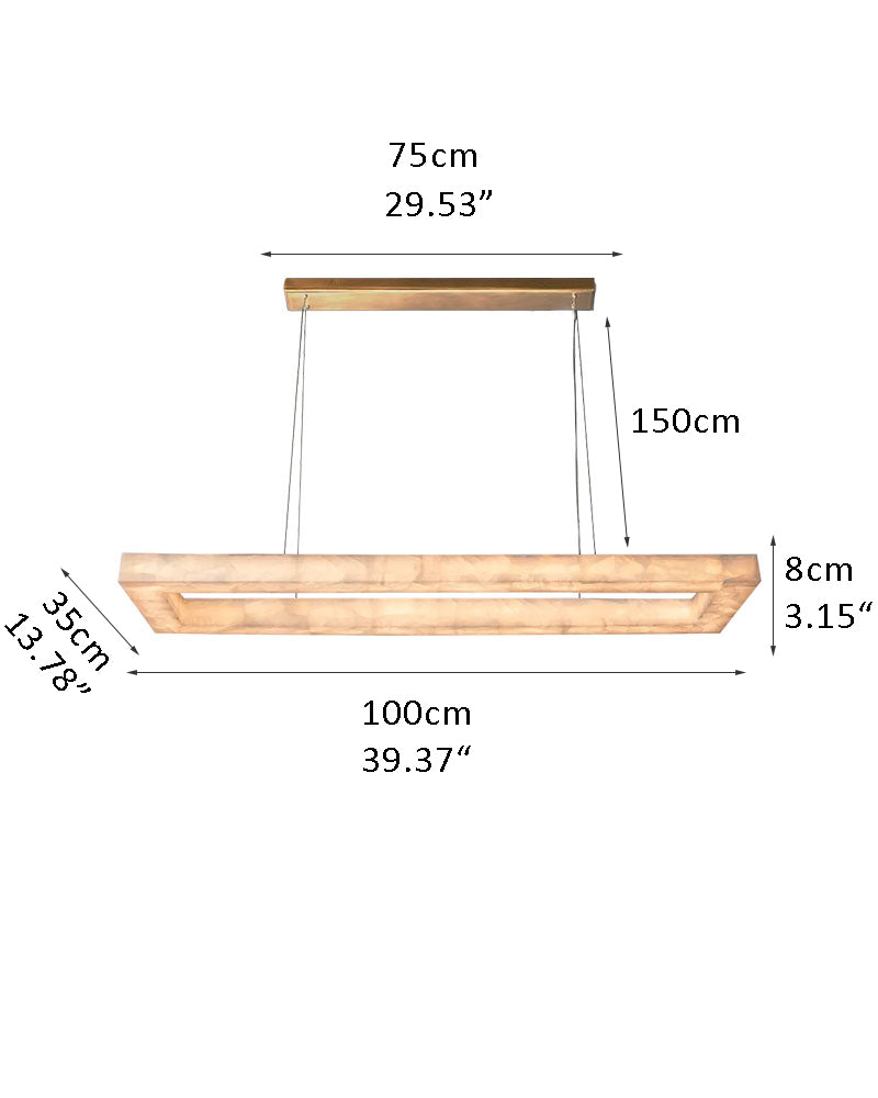 Rectangular LED chandelier with natural cloud stone, gold frame; dimensions shown.