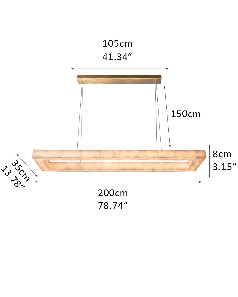 Dimensions of rectangular cloud stone LED chandelier with gold finish, 105cm x 200cm.