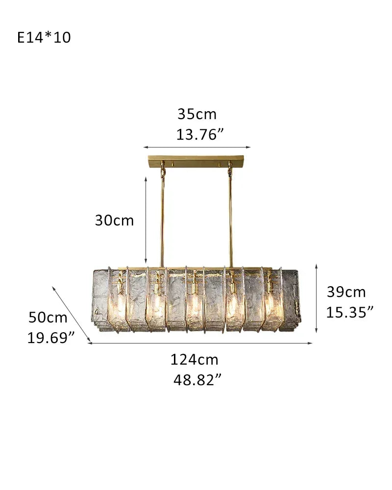 Gordes Series Architectural Chandelier | Rectangular Lattice Clear and smoky corrugated glass with brass and black metal, Brass and Black Metal finish for Dining areas, entryways, and lofts 10-light-L124*W50*H39cm D48.82*W19.69*H15.35"-L Brass + Transparent Glass American Vintage chandelier lamp