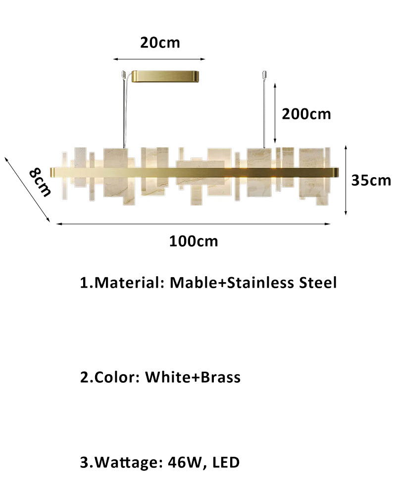 Luxury marble slice chandelier dimensions: 100cm long, 46W LED, white and brass finish.