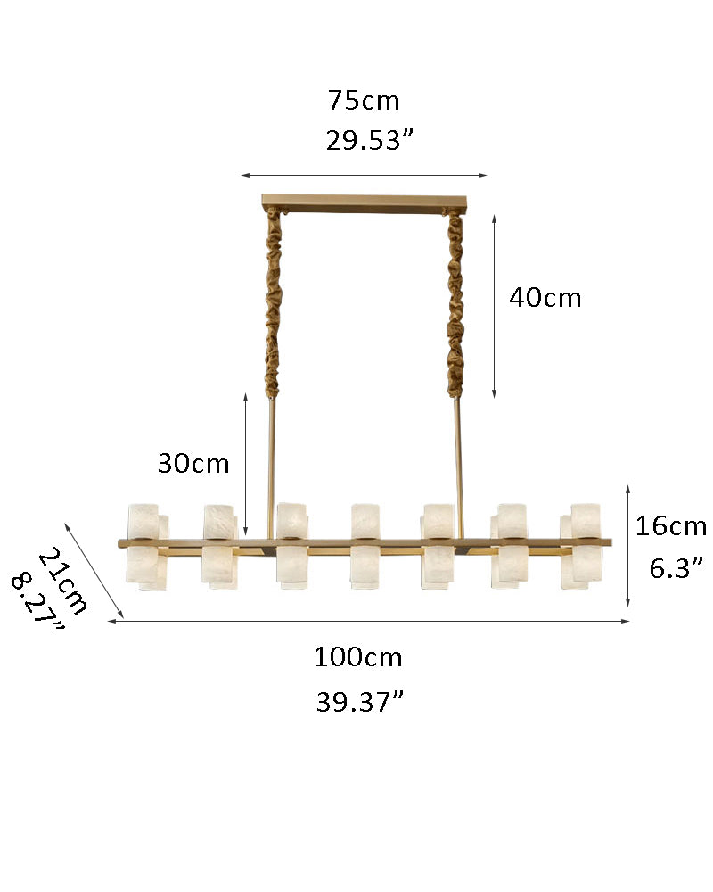 Dimensions of a rectangular LED alabaster chandelier lamp in brass.