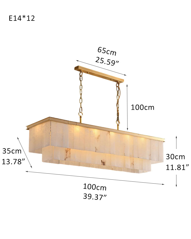 Dimensions of 7-layer round alabaster chandelier with elegant gold finish.