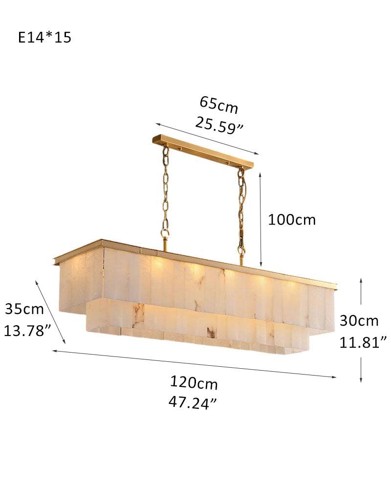 2 Tier Alabaster Rectangle Chandelier lamp in brass for living room, bedroom, dining room