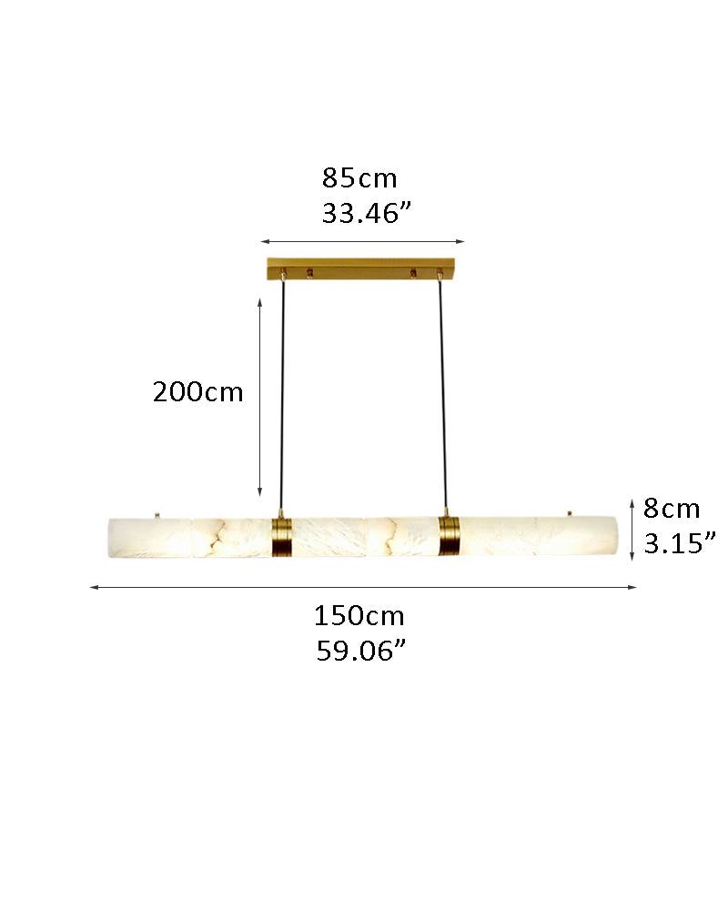 Alabaster LED pendant lamp dimensions: 85cm length, 8cm height, 200cm cable.