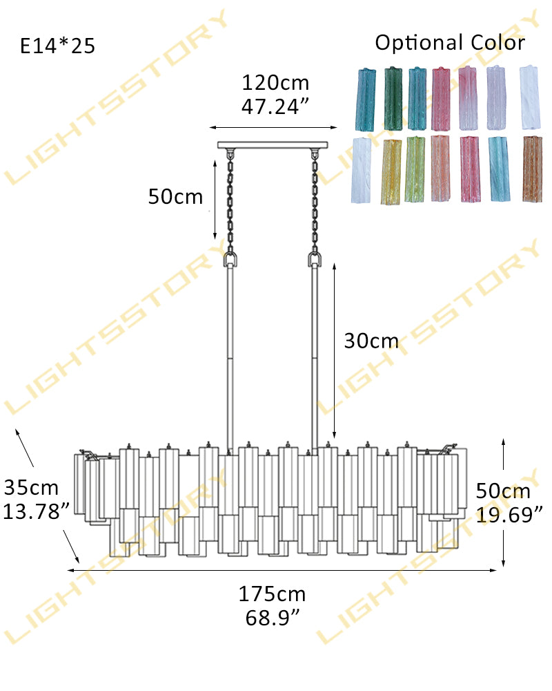 Cortina Murano Glass Amber Blush Ghiaccio Fluted Rods Linear Chandelier - Crystal Clear, Lux Gold Trim - Kitchen Islands & Dining Rooms