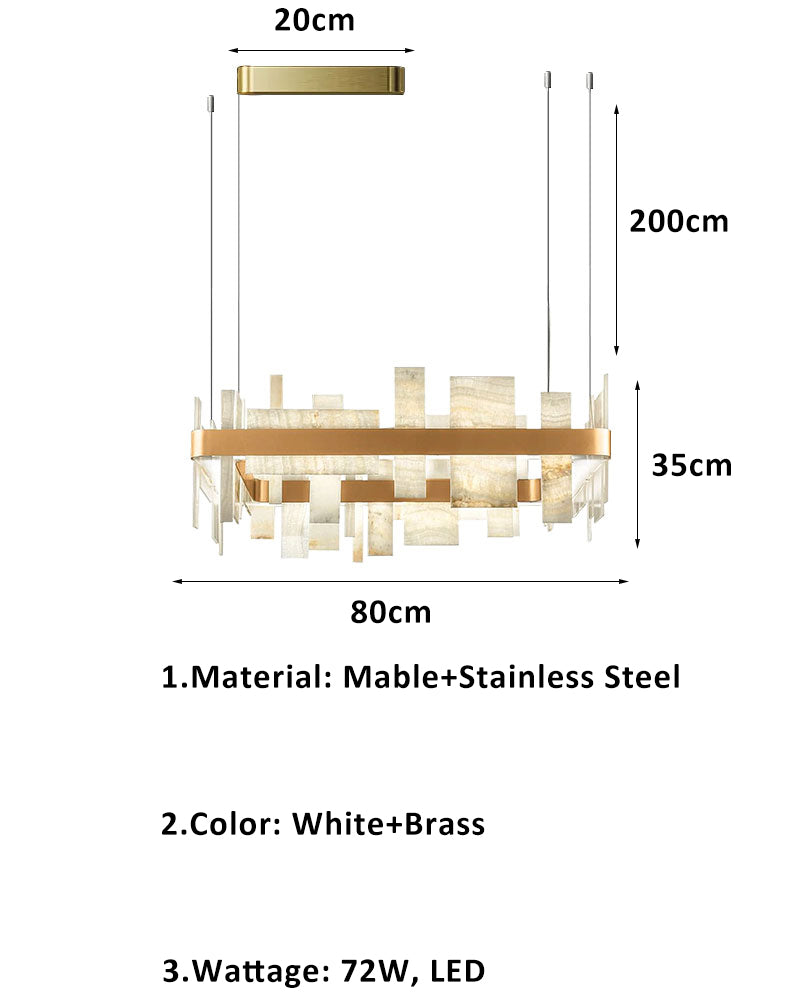 Luxury marble and brass chandelier dimensions: 80cm length, 35cm height, 72W LED.