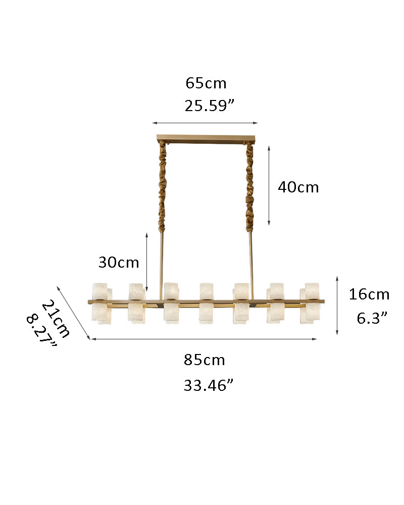 Rectangular LED chandelier lamp size details with brass finish: 100cm width, 40cm height.