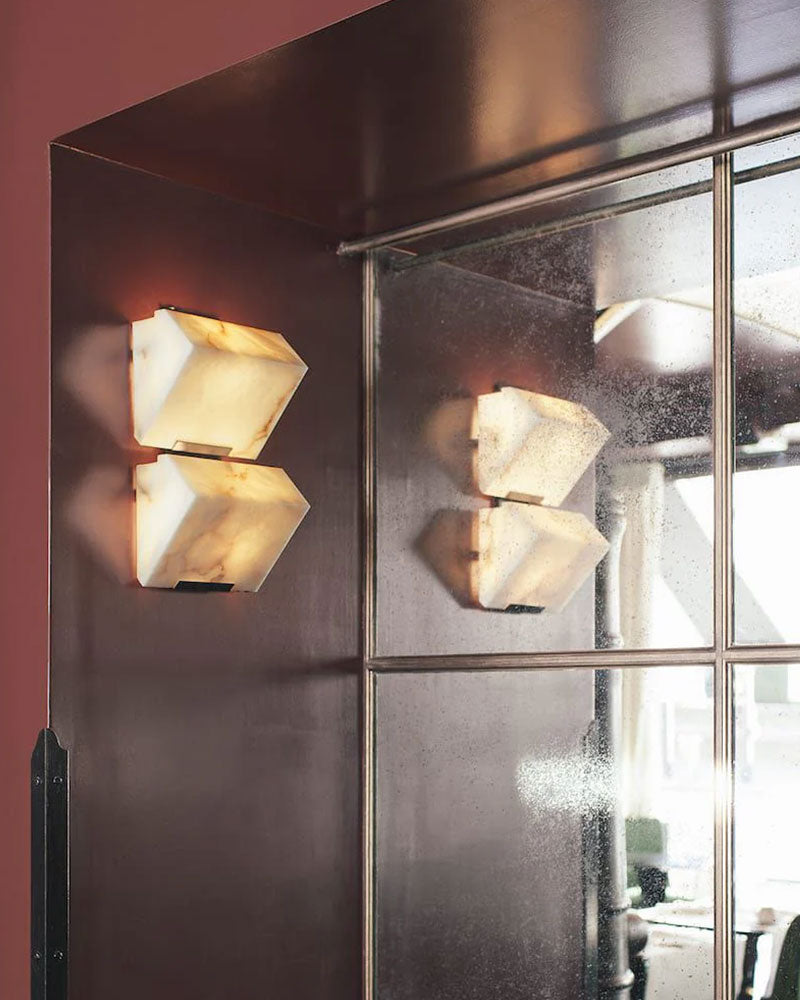 LED alabaster wall sconces in geometric design showcasing modern interior lighting