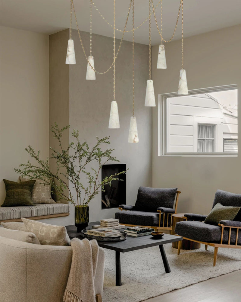 Modern 1 Light Alabaster Pendant Lamp, Brass Chain Chandelier For Bedroom