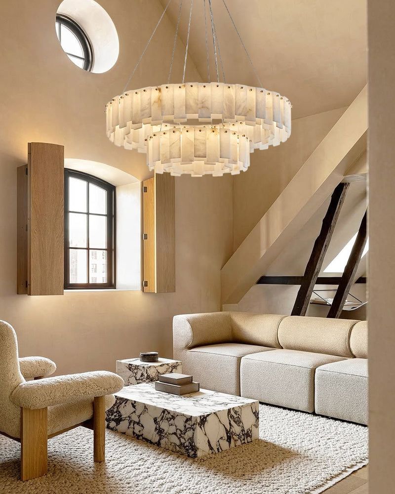 Modern white marble ceiling light in a contemporary living room with gray walls and stylish decor