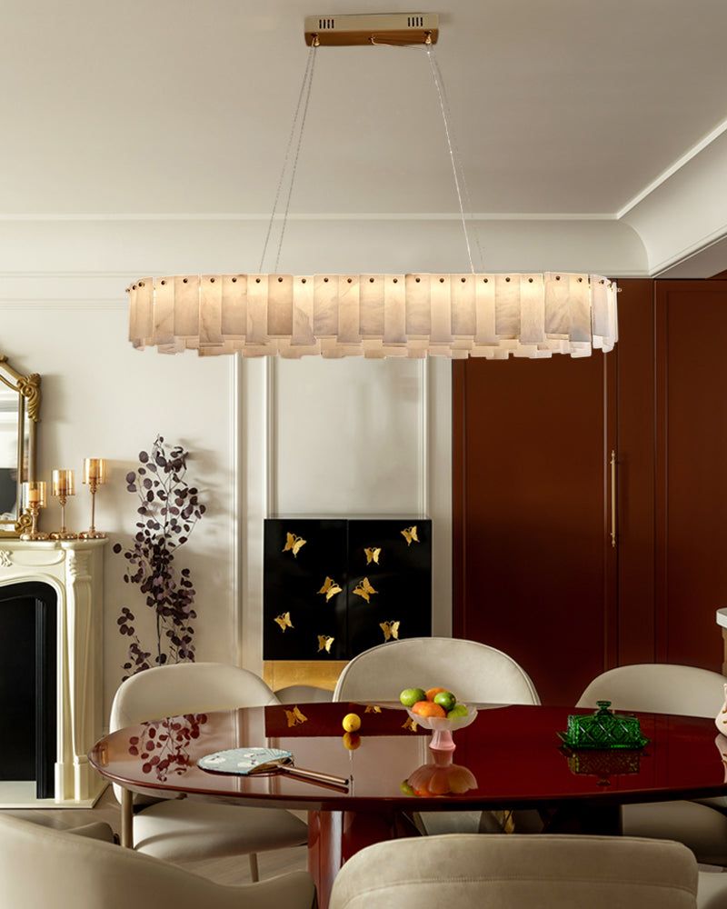Modern white marble ceiling light in chic living room with neutral tones