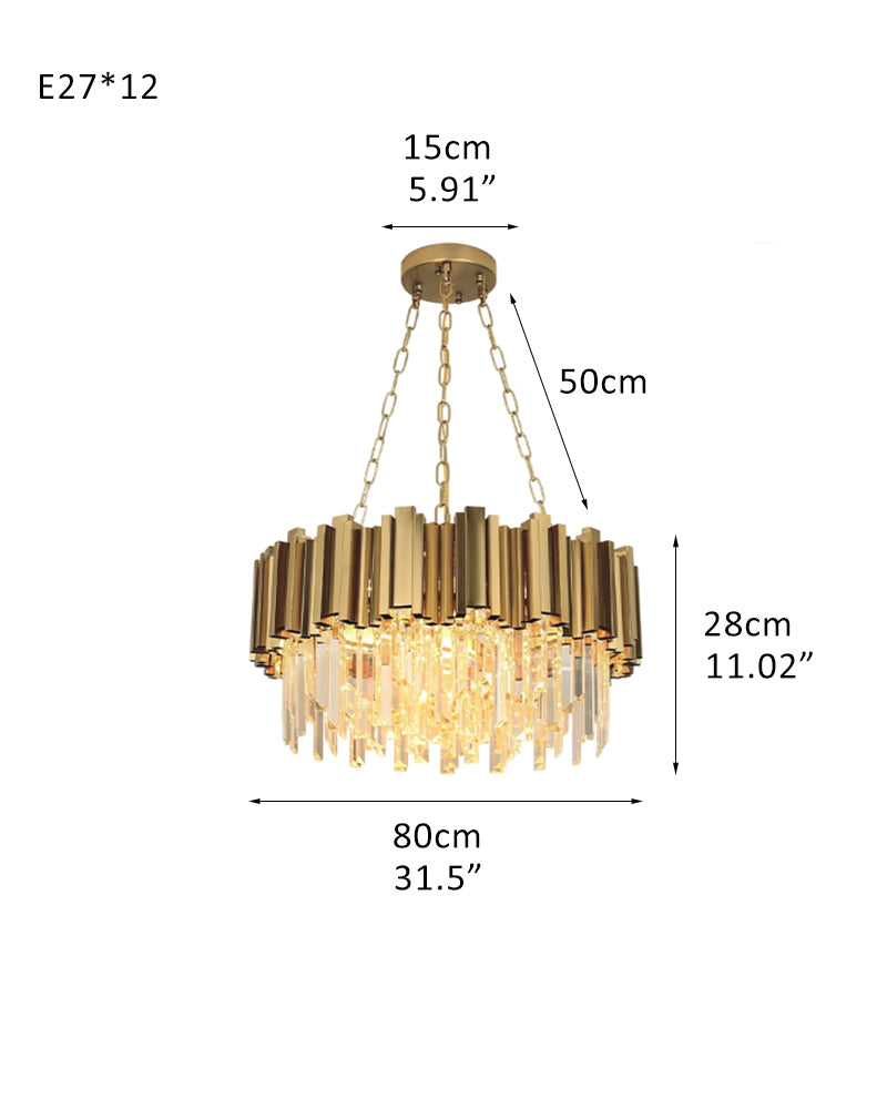 8/12/18/27-light Drum Round Crystal Chandelier dimming with Chrome/Gold Stainless housing