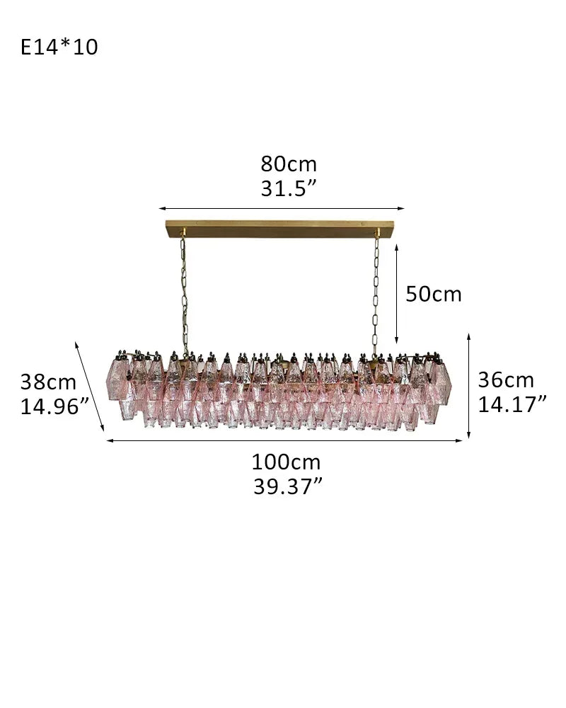 LightsStory Series Ethereal Chandelier | Rectangular Poliedri Hand-blown Murano textured glass, Plated-brass or bronze accents for Dining Rooms and Living Areas L100*W38*H36CM L39.6"*W15"*H14" Brass + Pink Glass American chandelier