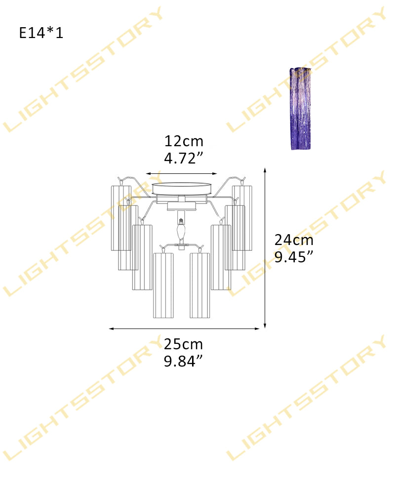 6/8 lights Compact Murano Small Ceiling Light Glass Replacement | Flower Glass Shade 1 light -D25*H24CM D9.84"*H9.45"(8 tubes) Gold + Purple Glass Modern Ceiling lamp