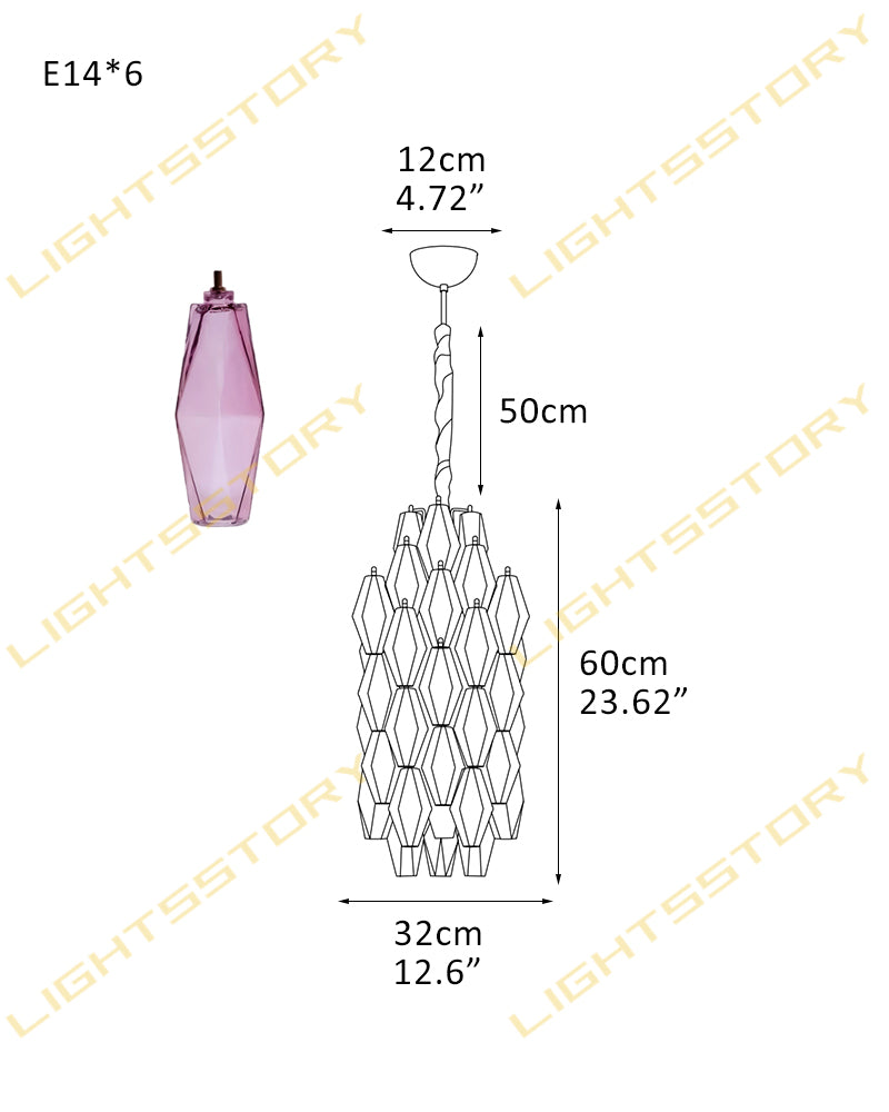 6 lights Hand-blown Murano Colorful Glass Interior Small Pendant Lights Wide 12" Height 24" 6-light-D32*H60CM D12.6"*H23.62" Modern Pendant lamp