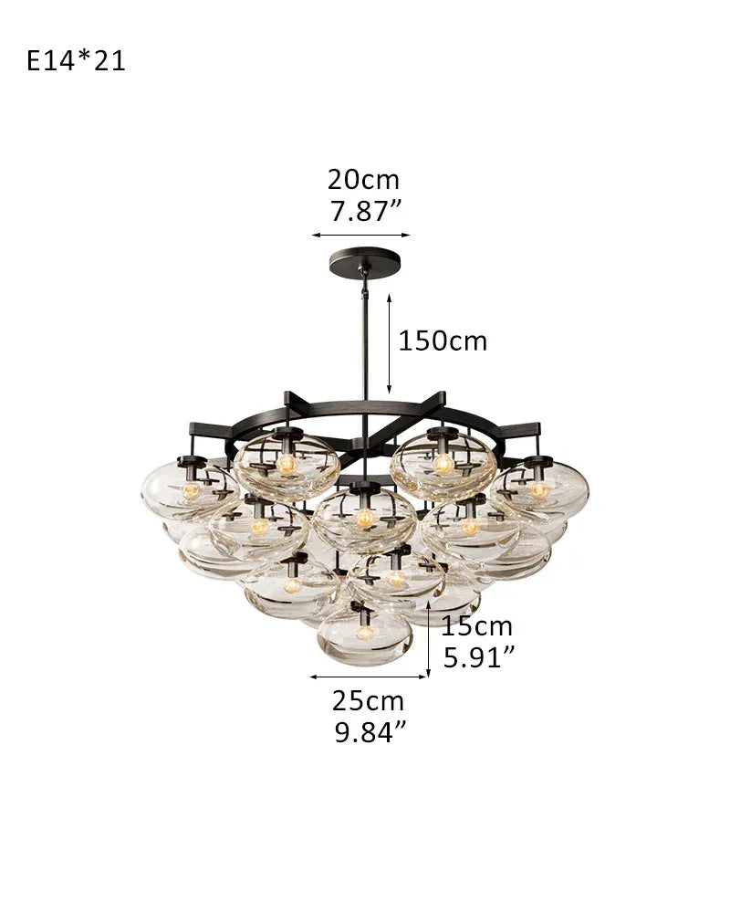 Vence Series Prismatic Chandelier | Round Clear Glass Shades with Freeform Black Cords, Polished canopy with black cord contrast for Living Rooms and Dining Areas 21-light-D122*H115CM D48.03“*H45.28" Black American Vintage chandelier lamp